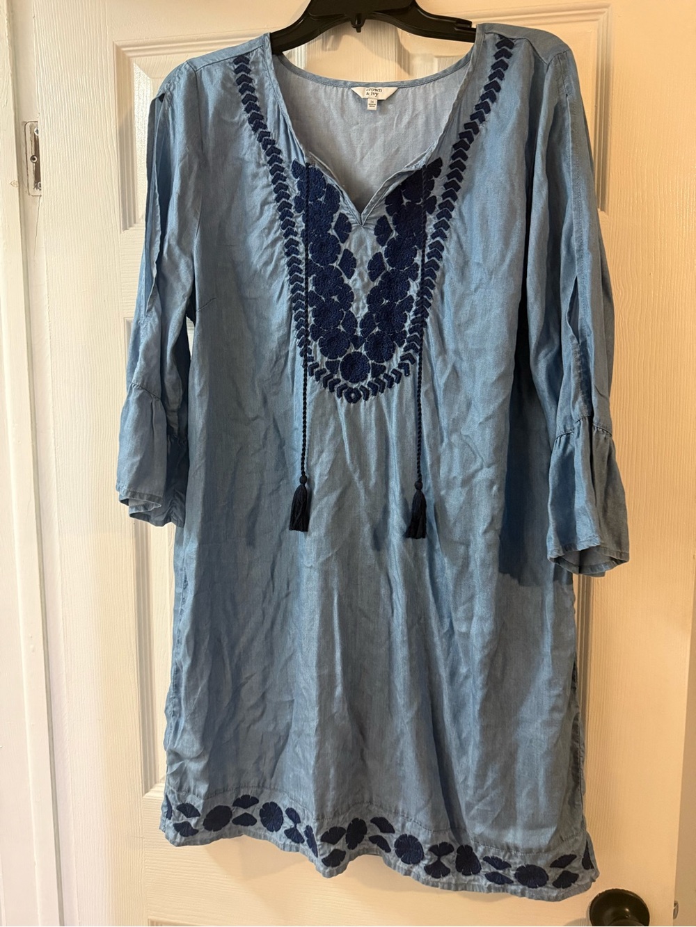 crown & ivy Light Blue Midi Dress with Navy Embroidery